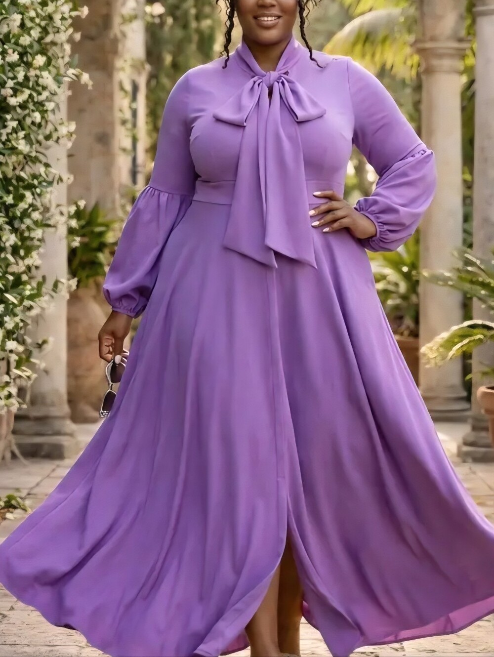 Women's Tie-Neck Long Sleeve Maxi Dress